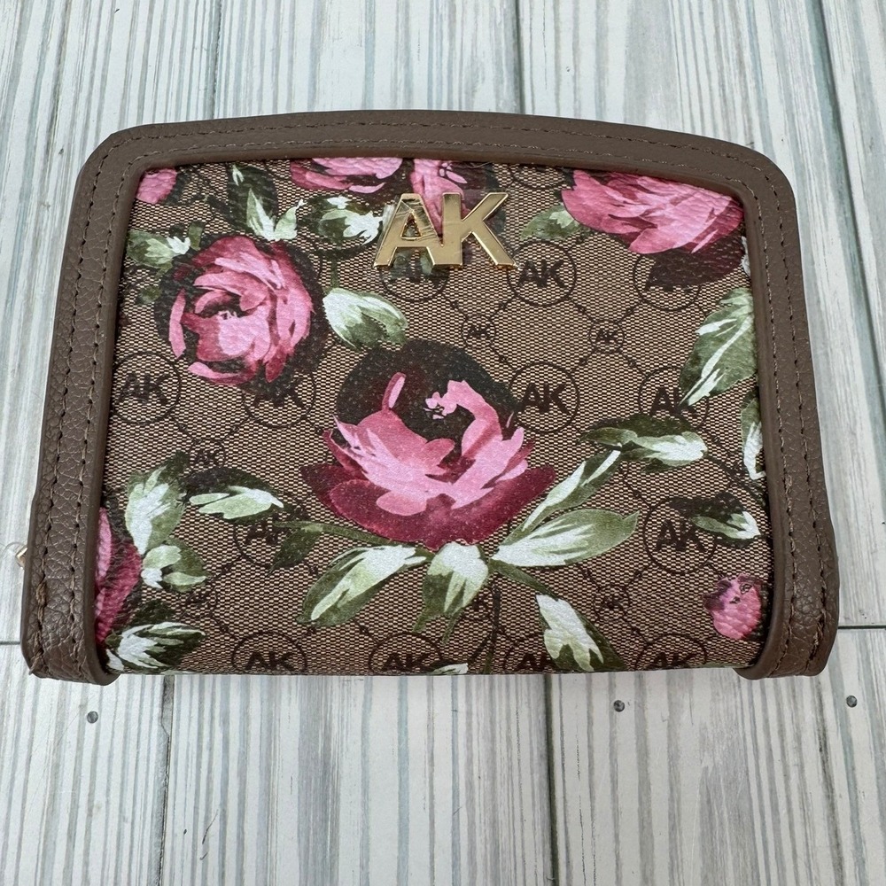Anne Klein Small Curved Wallet Mink Brown Pink Floral Monogram‎ AKW1338 NEW